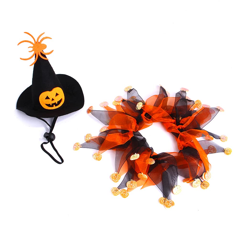 Cat Witch Halloween Costume Suit, Hmxpls Small Dogs & Cats Tutu Collar and Witch Pumpkin Hat Cute Costume Suit Kitten Outfit Clothing for Birthday Party Thanksgiving Christmas Holiday