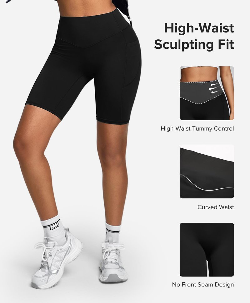 BRXL BrxlZero Biker Shorts Women Pockets 8" No Front Seam High Waisted Compression Workout Tummy Control Running Yoga Black L