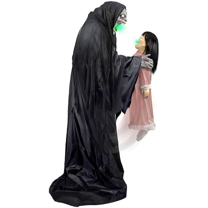 Haunted Hill Farm Soul Sucker Demon Reaper with Child by Tekky, Motion-Activated Talking Halloween Animatronic for Creepy Indoor or Covered Outdoor Halloween Decorations, Plug-in or Battery Operated