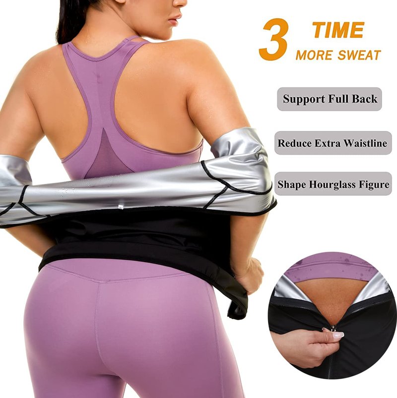 Sauna Suit for Women Sweat Body Shaper Jacket Hot Waist Trainer Long Sleeve Zipper Shirt Workout Top (Silver, Small)