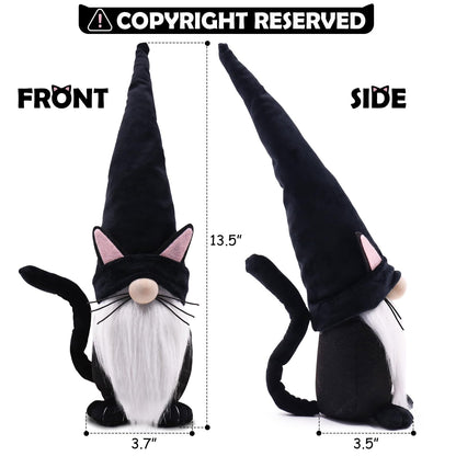Upltowtme Black Cat Gnome Plush 13.5" Handmade Scandinavian Tomte Figurine Spring Farmhouse Decor Ideal Gift for Women and Cat Lovers