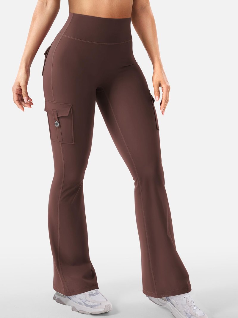 YEOREO CoreFlex Women Workout Flare Leggings with Pockets Hidden Scrunch High Waisted Cargo Gym Yoga No Front Seam Leggings (Chocolate, Small, 30" Inseam)