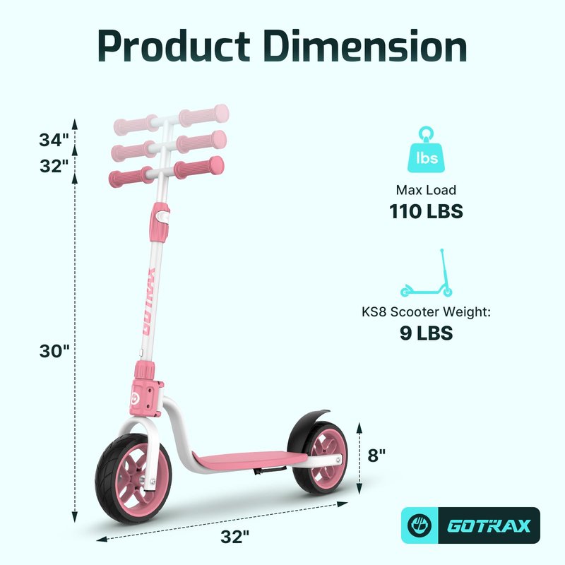 Gotrax KS8 Kick Scooter for Kids 5+, Large 8" Wheels and Height Adjustable Handlebar, Sturdy Wide Deck & Rear Brake, Detachable for Easy Storage, 2 Wheels Scooter for Kids, Teens, Child Safety, Pink
