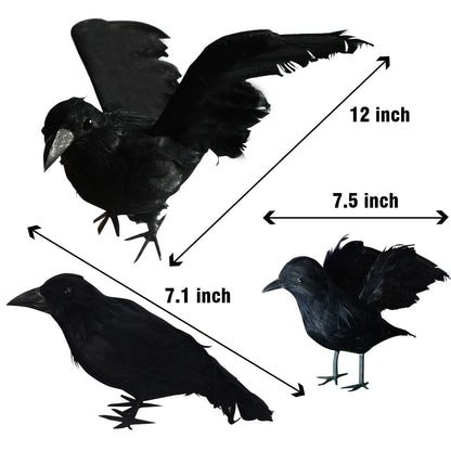 FUNPENY Halloween Black Feathered Crows, 3 Pack Black Crows with Real Feather Halloween Decoration for Indoor Outdoor