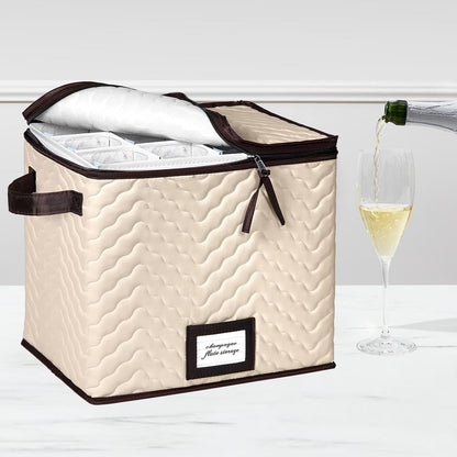 Champagne Flute Storage Boxes with Dividers - Set of 2 - Each Holds 12 Glasses up to 3.75" Wide - Quilted Microfiber Case with Handles - Protects Stemware - Ideal for Champagne & White Wine Glasses