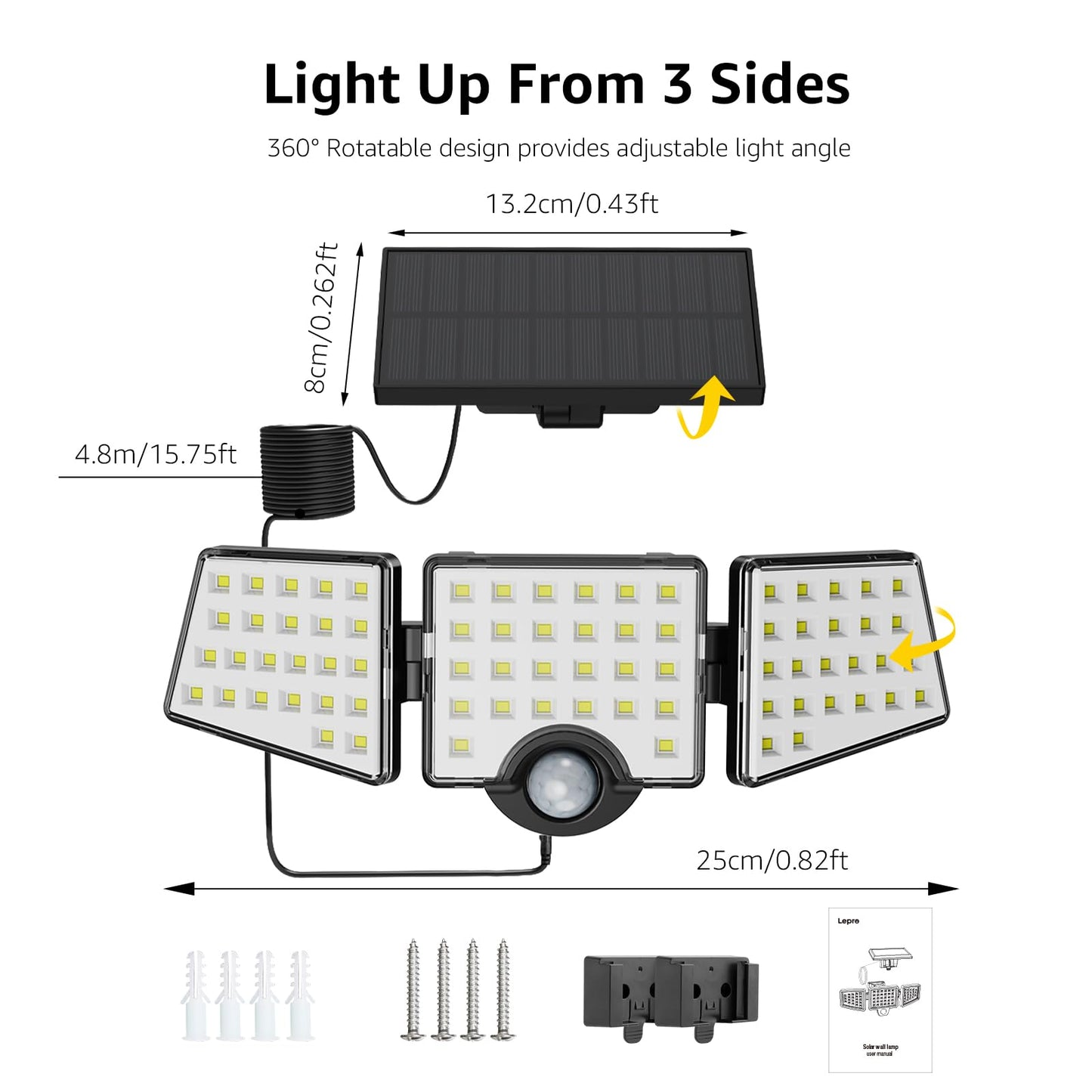 Lepro Solar Security Lights Outdoor Motion Sensor, 1200LM Solar Flood Lights with Separate Solar Panel, IP65 Waterproof, Adjustable 3Heads, Pir Wall Lights for Yard Garage Pathway
