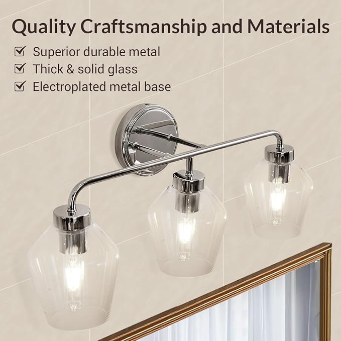 ANDY STAR Chrome Vanity Light, 3-Light Diamond-Shape Bathroom Light Fixture, Industrial Chrome Sconce, 25 Inch Modern Bath Light with Clear Glass for Bedroom/Living Room/Hallway