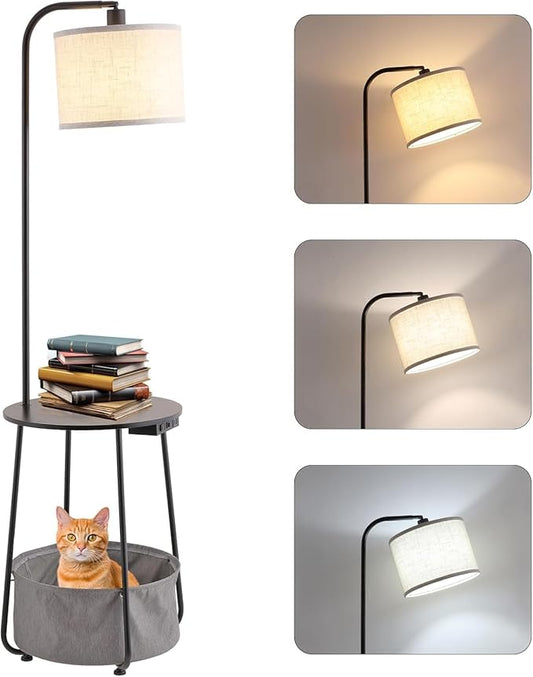 Floor Lamp with Cat Bed and Charging Station, Adjustable Lampshade, 3 Color Temperatures, Remote & Foot Switch Control, Standing Lamp with USB & AC Outlets for Living Room Bedroom, Black