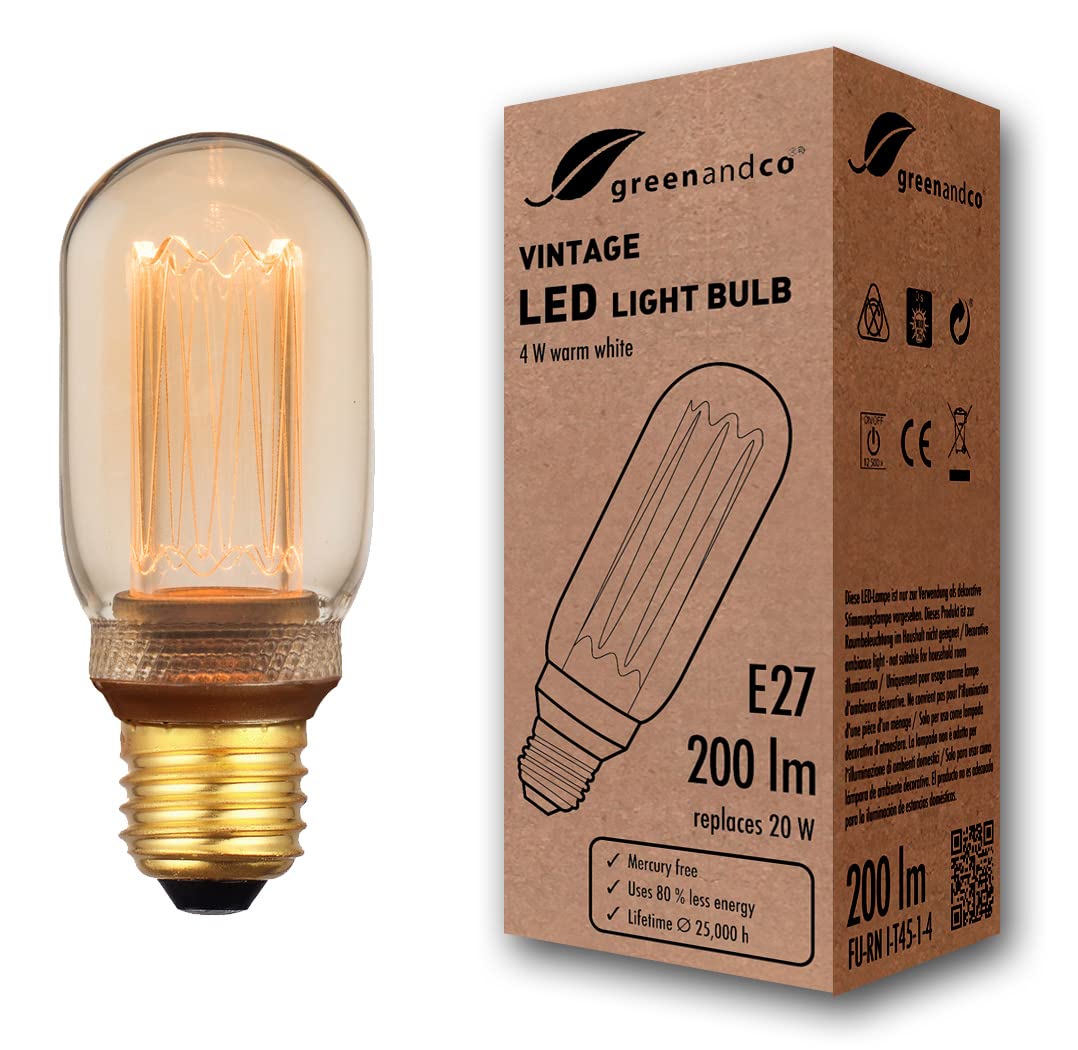 greenandco Vintage Design LED Bulb for Mood Lighting | E27 T45 | Amber | 4W 200lm | 1800K Extra Warm White | 320° | 230V | Flicker-Free | Non-dimmable | Edison Bulb