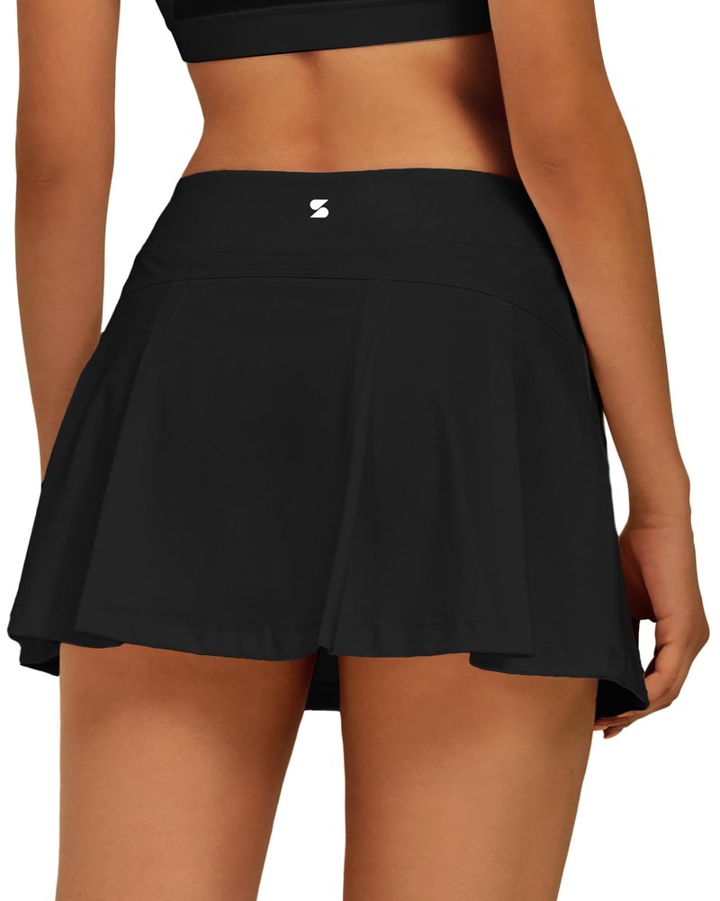 Stelle Women Tennis Skirt Golf Skorts Athletic High Waisted with Pockets Inner Shorts Sport Workout Pleated Pickleball (Black-Nylon, Medium)