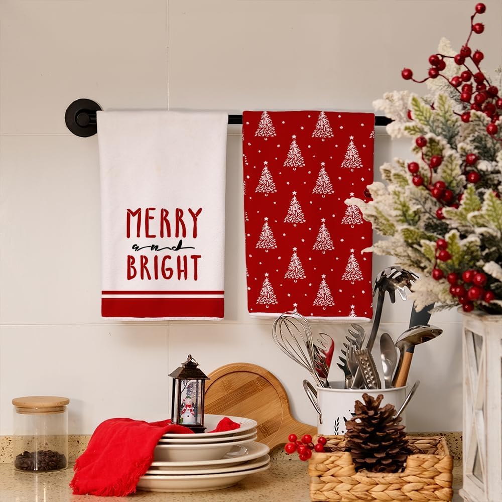 ARKENY Christmas Kitchen Towels Set of 2,Red Xmas Tree Dish Towels 18x26 Inch,Hoilday Farmhouse Home Decoration AD102