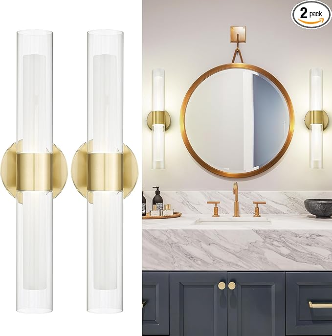 kudos Gold Modern Sconces Wall Lighting, 2Pc Wall Sconces with Clear Glass and Frosted Glass, Modern LED Vanity Light for Bathroom, 3000K/4500K/6000K Adjustable,KDVL06-GD-2-2PK