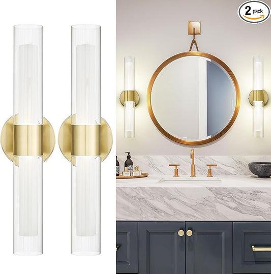 kudos Gold Modern Sconces Wall Lighting, 2Pc Wall Sconces with Clear Glass and Frosted Glass, Modern LED Vanity Light for Bathroom, 3000K/4500K/6000K Adjustable,KDVL06-GD-2-2PK