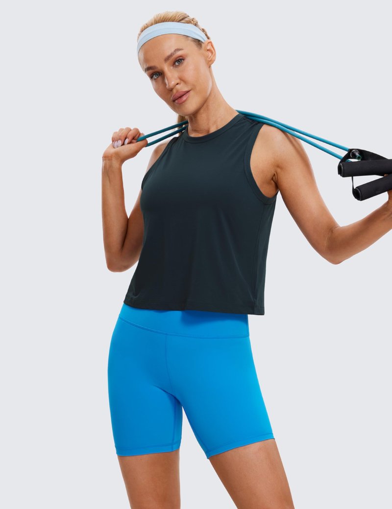 CRZ YOGA Pima Cotton High Neck Cropped Tank Tops for Women Soft Crop Workout Athletic Yoga Basic Sleeveless Shirts True Navy Medium