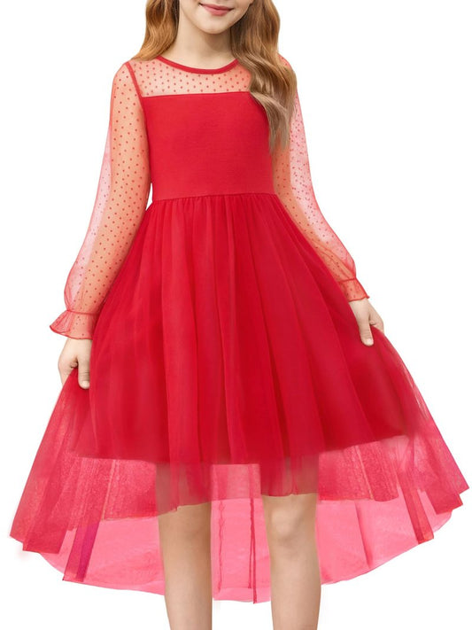 Haloumoning Girls Dresses Kids Contrast Mesh Long Sleeve Twirly High Low Birthday Party Formal Dress 5-14 Years Red