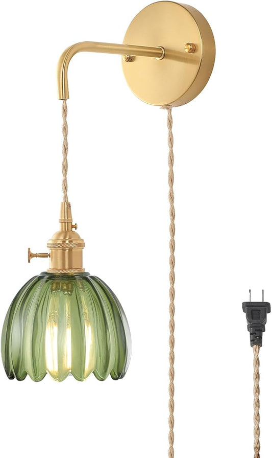 Vintage Wall Sconce Wall Lamp with Green Tulip Glass Shade Hanging Wall Sconce with 4.9FT Plug in Cord, Modern Wall Lamp Fixtures Decor for Bedside Bedroom Indoor Doorway