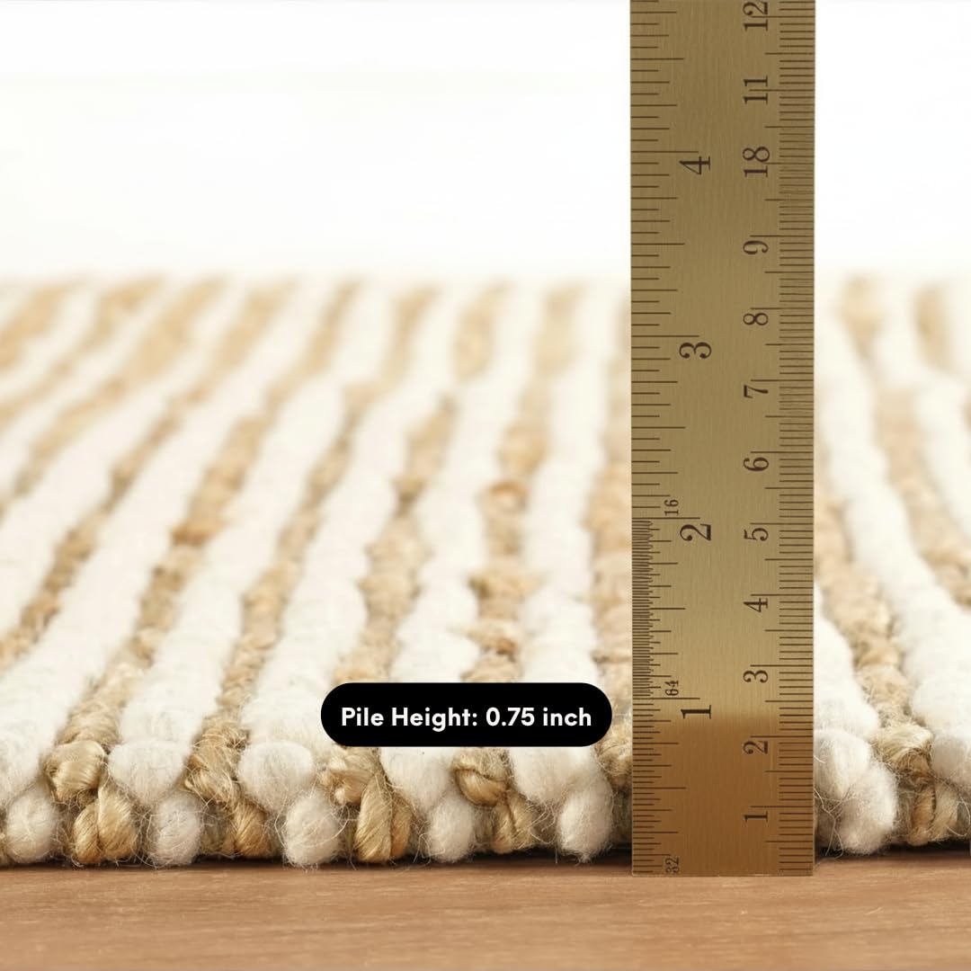 FRELISH DECOR Area Rug 5x8 feet - Premium Wool and Jute Blend Handwoven Rugs - Natural Fiber Chunky Stripe Rugs for Living Room, Bedroom, Hallways, Dining Area: Natural Ivory