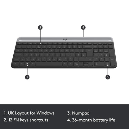 Logitech MK470 Slim Wireless Keyboard & Mouse Combo for Windows, 2.4GHz Unifying USB-Receiver, Low Profile, Whisper-Quiet, Long Battery Life, Optical Mouse, PC/Laptop, QWERTY UK Layout - Black