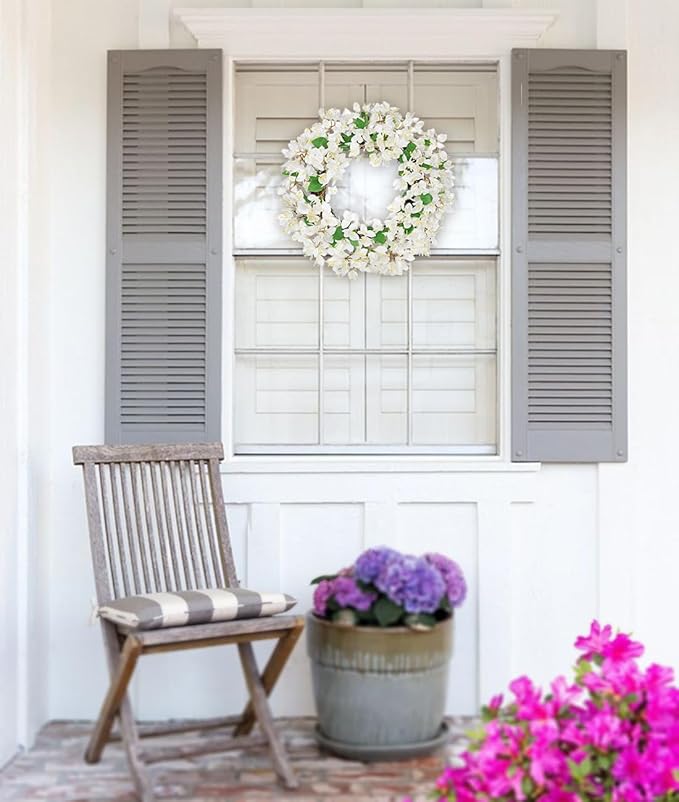 Briful Spring Wreaths for Front Door 18'' Fake Bougainvillea Flower Wreath Silk White Floral Hanging Wreath Outdoor Summer Wreath for Home Wall Fireplace Front Porch Patio Décor