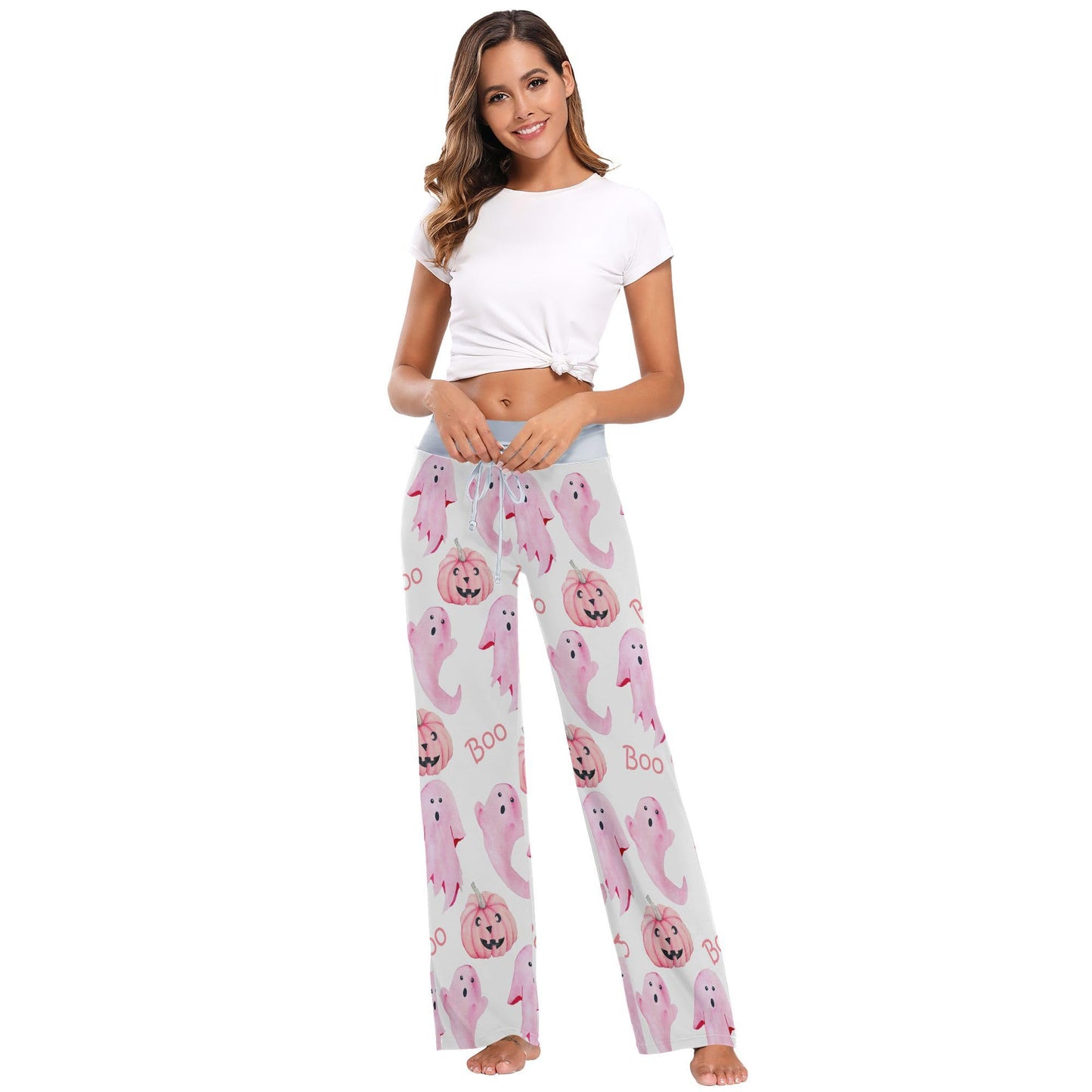 Fisyme Halloween Ghosts Pink Pajama Pants for Women Soft Comfy Pjs Bottoms Drawstring Wide Leg Jogger Lounge Sweat Pants Sleepwear, M