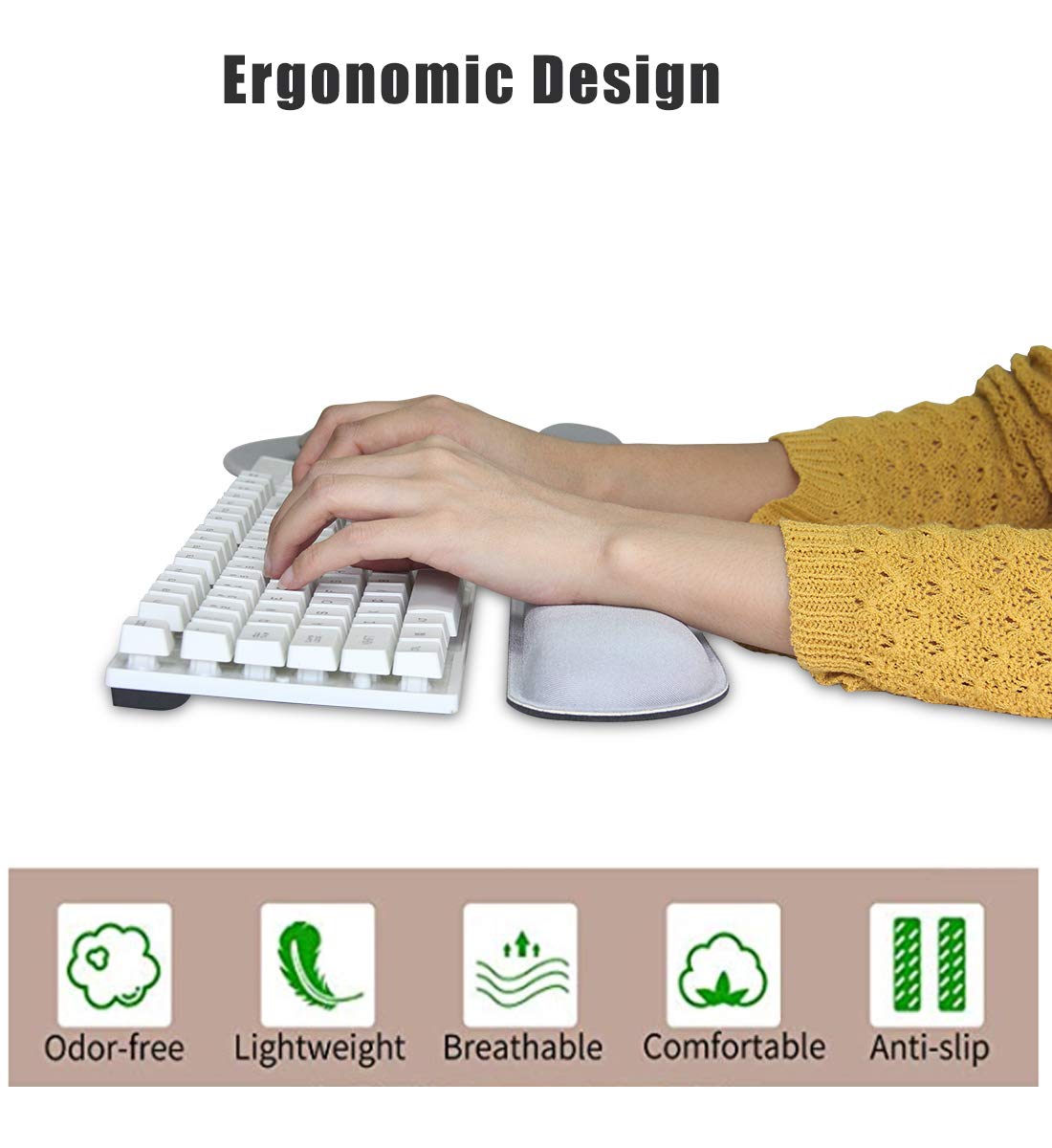 AORTDES Ergonomic Keyboard Mouse Pad Wrist Rest Support Set for Laptop/Computer/Desktop,Memory Foam Hand Rest Wrist Cushion for Gaming/Office,Lightweight Comfortable & Pain Relief (Greyish White)