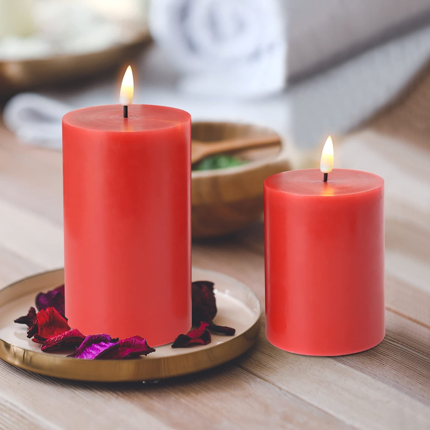 Girimax Red Flameless Pillar Candles with Remote, Christmas LED Candles Set of 3, Flickering Wax Battery Electric Candles Decor