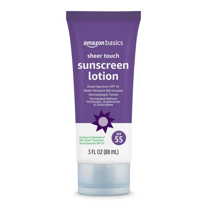 Amazon Basics Sheer Facial Sunscreen SPF 55, UVA/UVB Protection, Unscented, Lightweight, Water Resistant, Formulated without Octinoxate & Oxybenzone, 3 fl oz (Pack of 1) (Previously Solimo)