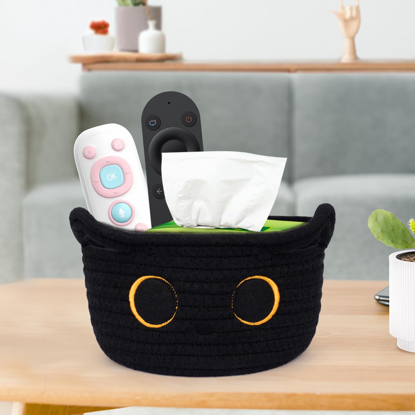 Hkojewp Small Storage Basket, Black Cat Cotton Rope Baskets Woven Blasket for Nursery, Blanket Basket Baby Toy Storage Organizer With Ears for Gifts Cat Dog Bin Toys 8.5×4.5 inches