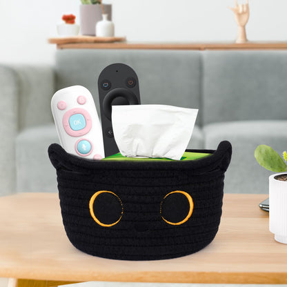 Hkojewp Small Storage Basket, Black Cat Cotton Rope Baskets Woven Blasket for Nursery, Blanket Basket Baby Toy Storage Organizer With Ears for Gifts Cat Dog Bin Toys 8.5×4.5 inches