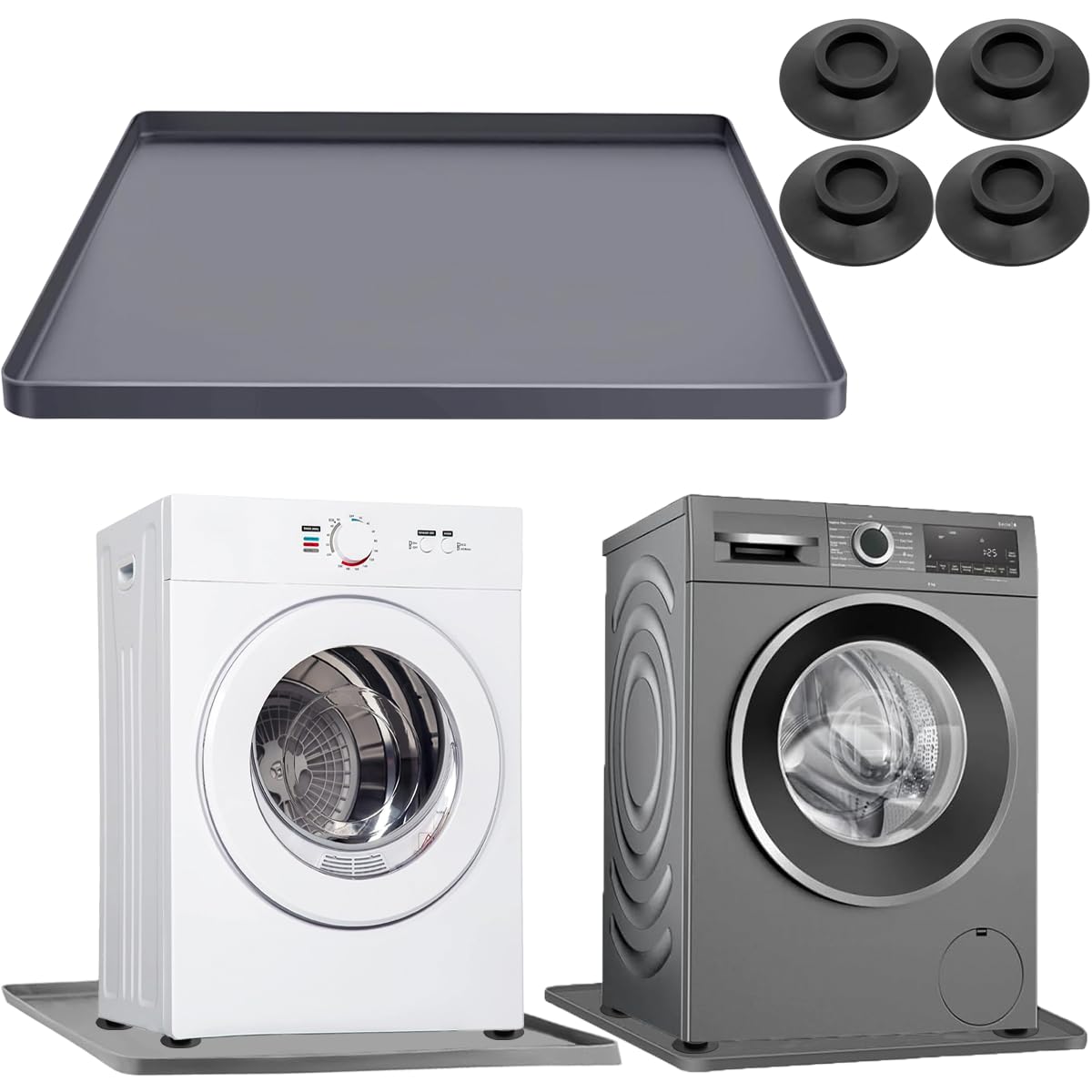 Washing Machine Drain Pan Washer Silicone Mat, Washer Tray Anti-Vibration Soft Bottom Pad Under Dryer Drip Pan Floor Protector, 27x27 Inch Non-Slip Leak Pan Waterproof Washer Drip Tray (Gray+4 pad)