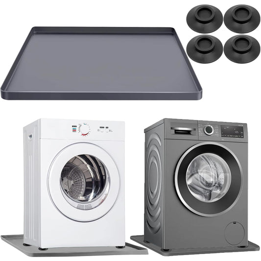 Washing Machine Drain Pan Washer Silicone Mat, Washer Tray Anti-Vibration Soft Bottom Pad Under Dryer Drip Pan Floor Protector, 27x27 Inch Non-Slip Leak Pan Waterproof Washer Drip Tray (Gray+4 pad)