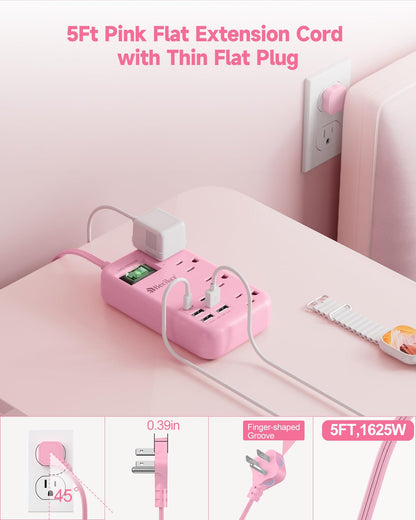 6 USB(2 USB C) Purple Travel Power Strip- 5Ft Lavender Extension Cord with 24W USB Charging Station and 4 Outlets, Purple Desk Accessories with Surge Protector for Cute Kawaii Office Dorm Room