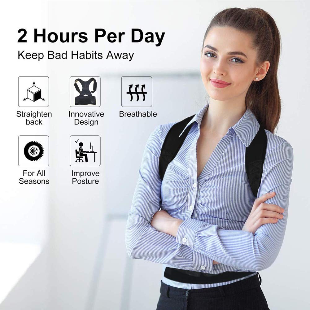 Thoracic Back Brace Posture Corrector - Magnetic Support for Neck Shoulder Upper and Lower Back Pain Relief - Perfect Posture Brace for Cervical Lumbar Spine - Fully Adjustable Belt (Black, Medium)
