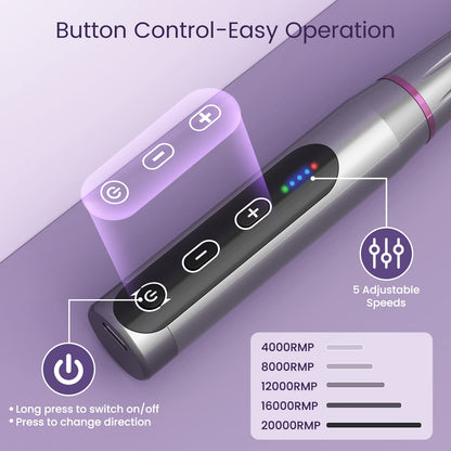 Electric Nail Files, Cordless Nail Drill Rechargeable, 5 Adjustable Speed E File, Professional Electric Nail Drill for Acrylic Nails with 20000 RPM, Portable Manicure Pedicure Kit Gifts for Women Mum