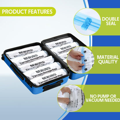 12 Pack Compression Bags, Travel Roll Up Reusable Travel Space Saver Vacuum Storage Bags for Luggage, Camping, and Storage (No Vacuum or Pump Needed).
