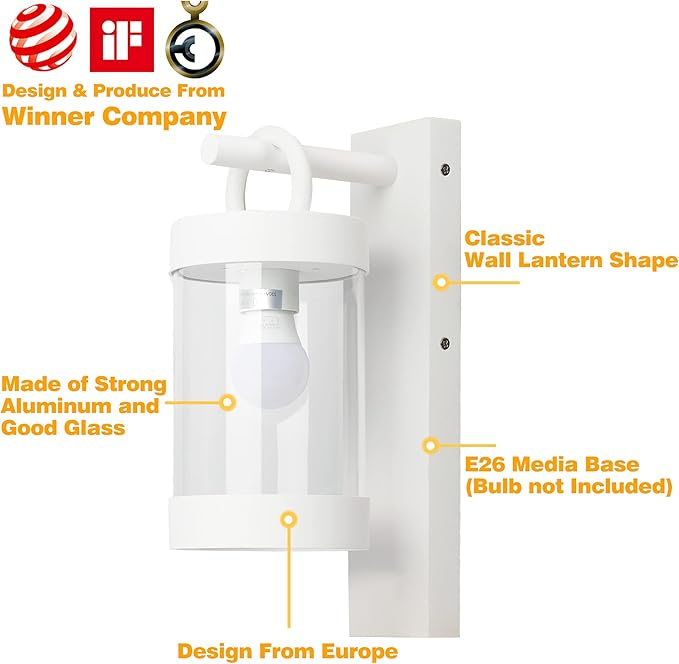 Outdoor Dusk to Dawn Wall Light Exterior Light Fixture Sconce Pure Aluminum Porch Lantern White E26 (Bulb Not Included) Waterproof Lamps Decoration Garden Yard Lights for Garage Fence Front Door