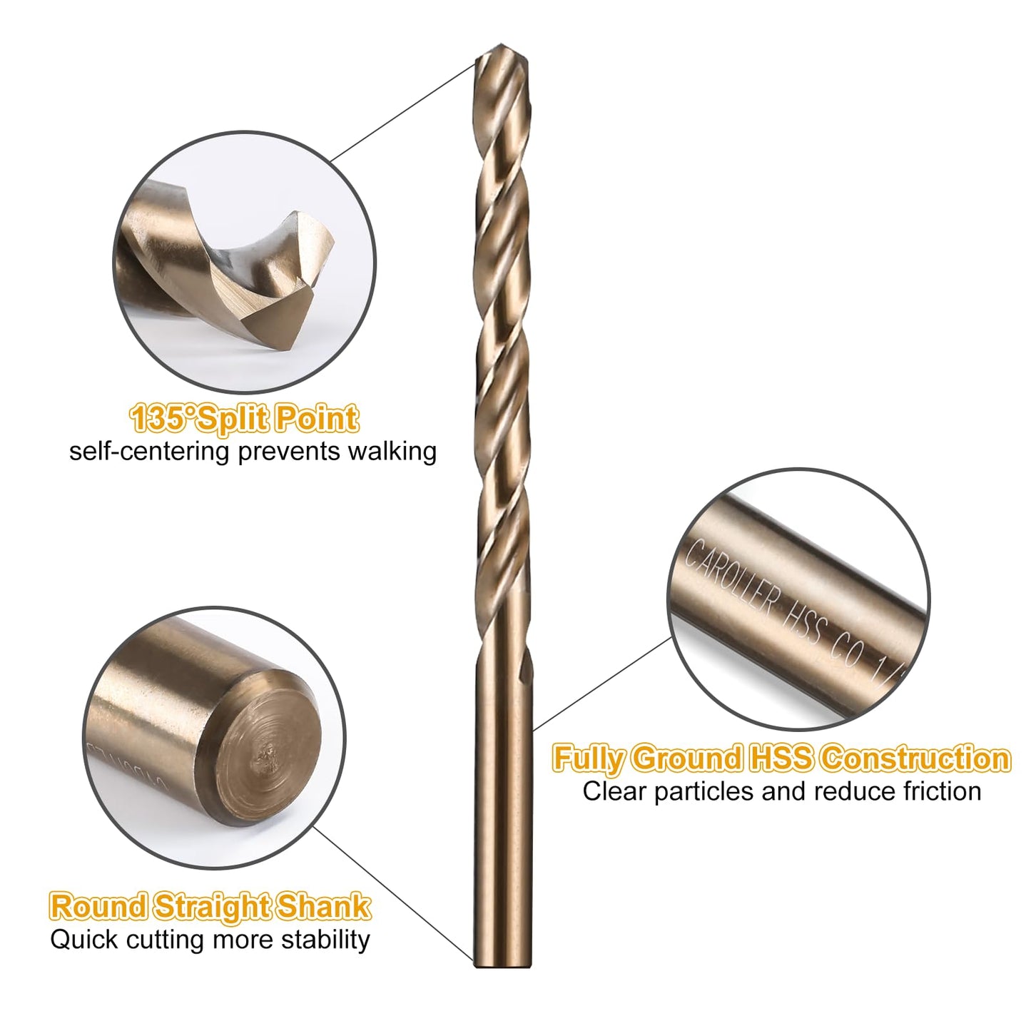 CaRoller Cobalt Drill Bit Set 115 PCS, High Speed Steel M35 Drill Bits Durable Round Shank Drill Sets for Hardened Steel, Wood Plastic, Sheet Metal, with Metal Index Storage Box (115pcs Cobalt)
