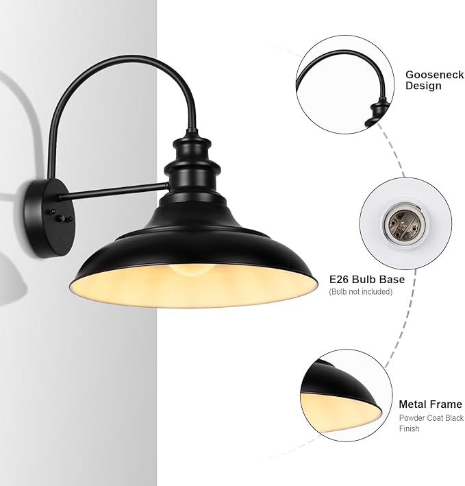Dusk to Dawn Sensor Outdoor Barn Light Fixtures, 16 Inch Dome Farmhouse Outdoor Wall Sconces, Rustic Gooseneck Exterior Wall Mount Lights, Industrial Black White Lanterns for Porch, 2 Pack