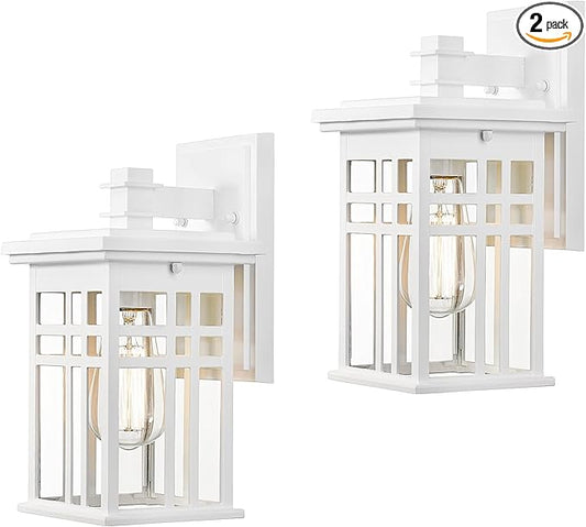 zeyu 2 Pack Outdoor Porch Lights Wall Mount - Modern Outside Lights for House Die-Cast Aluminum with Clear Glass Shade, White Finish, 20068B1-2PK WH