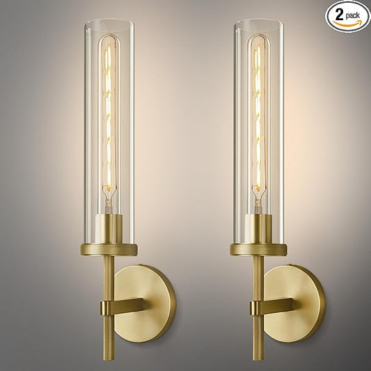 Gold Wall Sconces Set of Two, 19.48" Knurled Gold Wall Lighting with Glass Tube, Modern Brass Sconces Wall Lamp for Bedroom Living Room Bathroom Hallway Staircase & Vanity Mirror(Including Bulb)