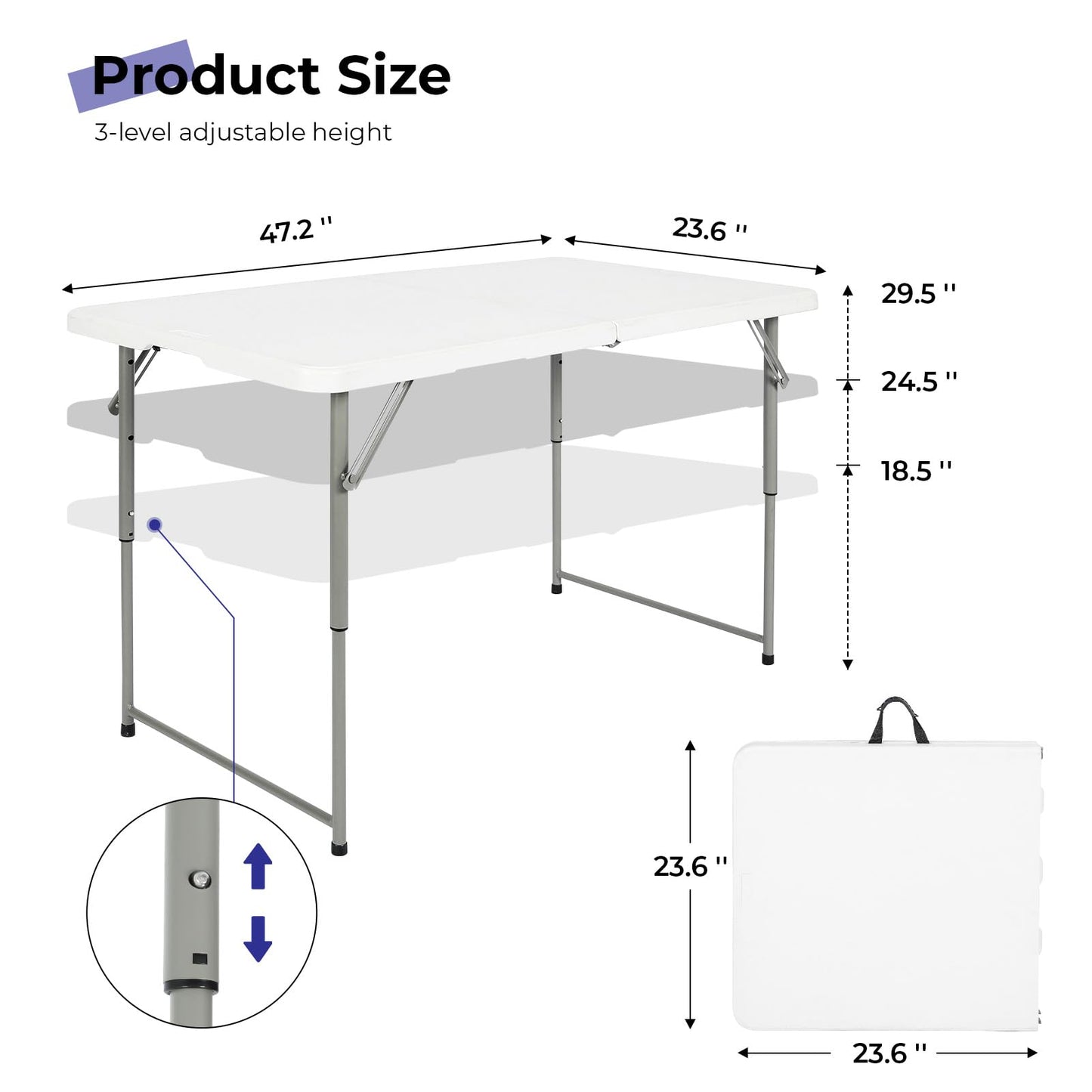 Byliable Folding Table 4 Foot Portable Heavy Duty Plastic Fold-in-Half Utility Table Small Indoor Outdoor Adjustable Height Folding with Carrying Handle, Camping and Party,White