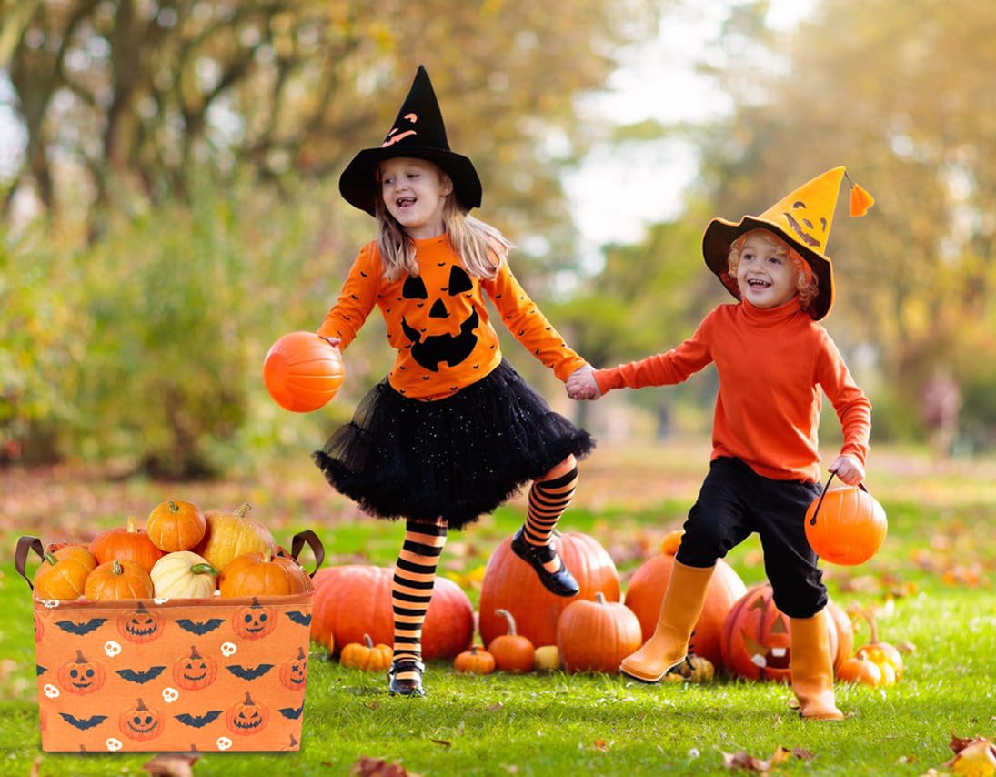 Sanjiaofen Rectangular Halloween Baskets,Pumpkin Basket for Kids with Handles. Candy Basket,Books Bins. (Halloween Pumpkin)