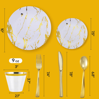 JOLLY PARTY 180PCS Disposable Dinnerware Set 30 Guest, 60 White and Gold Plastic Plates, 30 Plastic Silverware, 30 Cups, Marble Design Disposable Dinnerware for Wedding and Parties