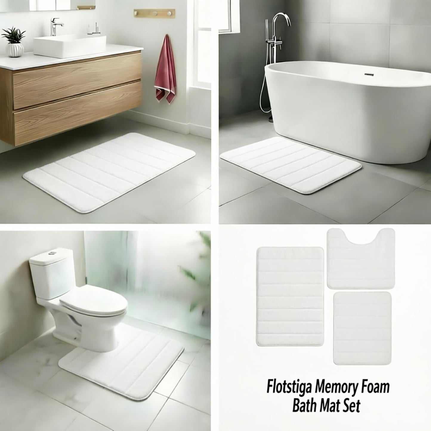 Flotstiga Memory Foam Bath Mat Set 3 Piece，Super Soft Absorbent Bathroom Rug Non Slip, Quick Dry,Machine Wash, Perfect Plush Bathroom Rugs,Home Decor Accessories,White