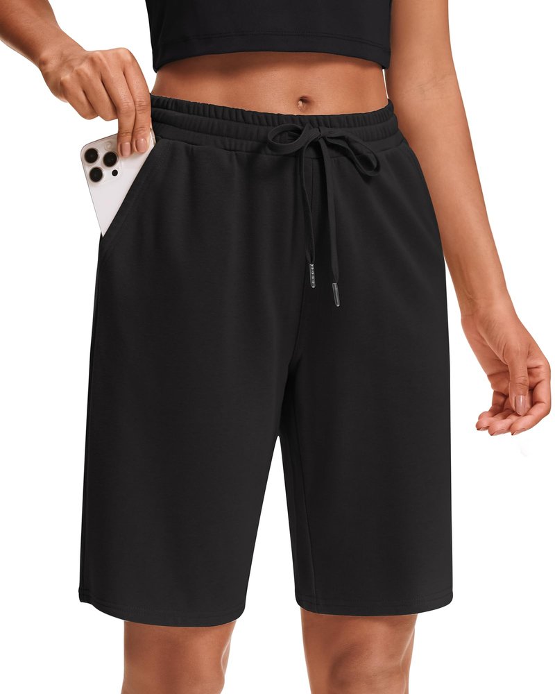 Stelle Women's Cotton Bermuda Shorts 10" Long Knee Length Comfy Sweat Shorts with Deep Pockets Lounge Casual Summer (Black, XL)