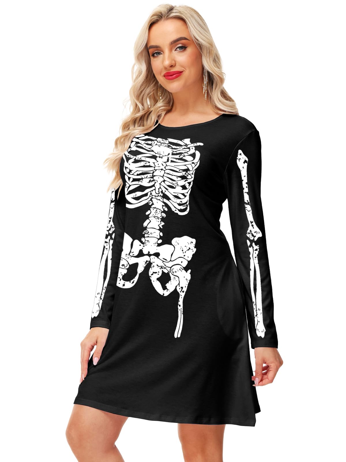 Skeleton Dresses for Women Flare Holiday A-Line Long Sleeve Halloween Costume Dress XL