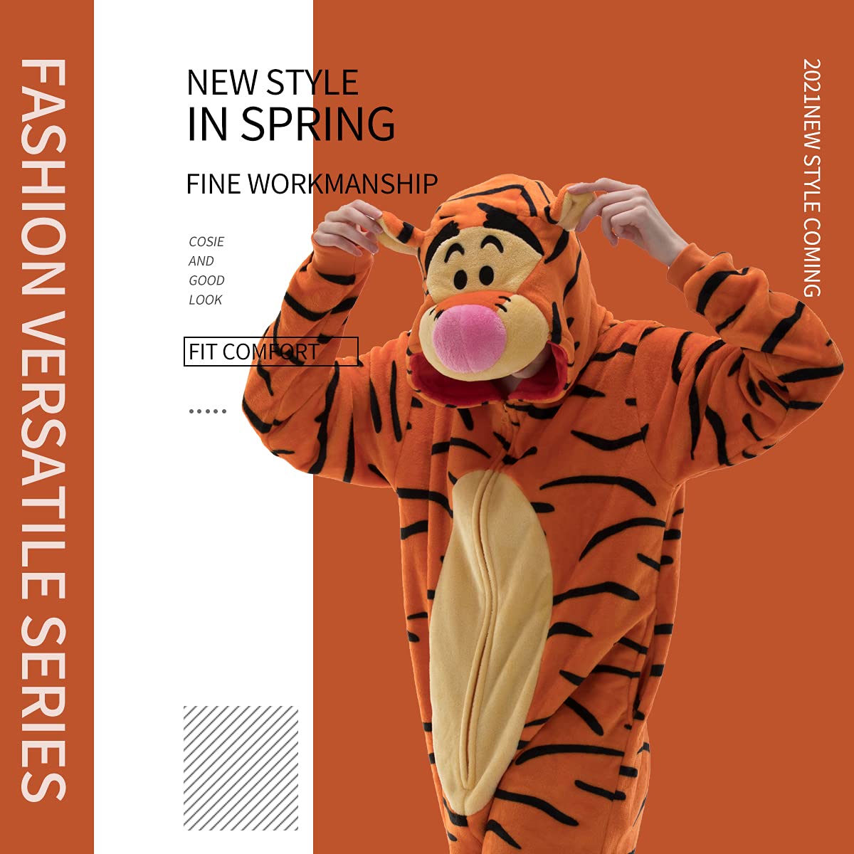COSUSKET Snug Fit Unisex Adult Tigger Onesie Pajamas, Flannel Cosplay Animal One Piece Halloween Costume Sleepwear Homewear Orange