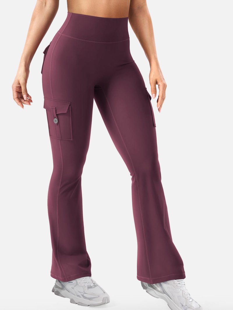 YEOREO CoreFlex Women Workout Flare Leggings with Pockets Scrunch Cargo Gym Yoga Leggings Black Cherry S