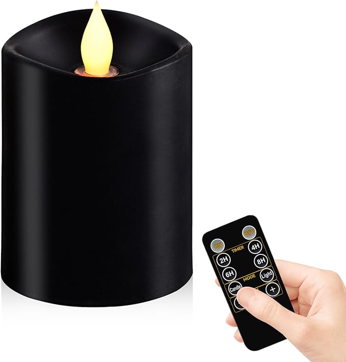 Black Flameless LED Candles - 3" x 4" Real Wax, Battery Operated with Remote Timer, 3D Flickering, Lasts 600+ Hours, Halloween & Christmas Deco (Black, 3"*4"-1pcs)