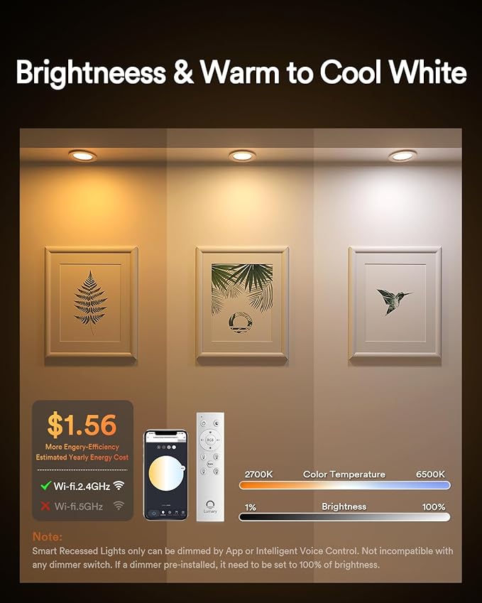 Lumary Smart Recessed Lighting 4 Inch, Canless WiFi Led Recessed Lights 9W, RGBWW Ceiling Downlight with Junction Box Ultra-Thin and Anti-Glare Trim Work with Alexa/Google Assistant/BT Remote 1PACK